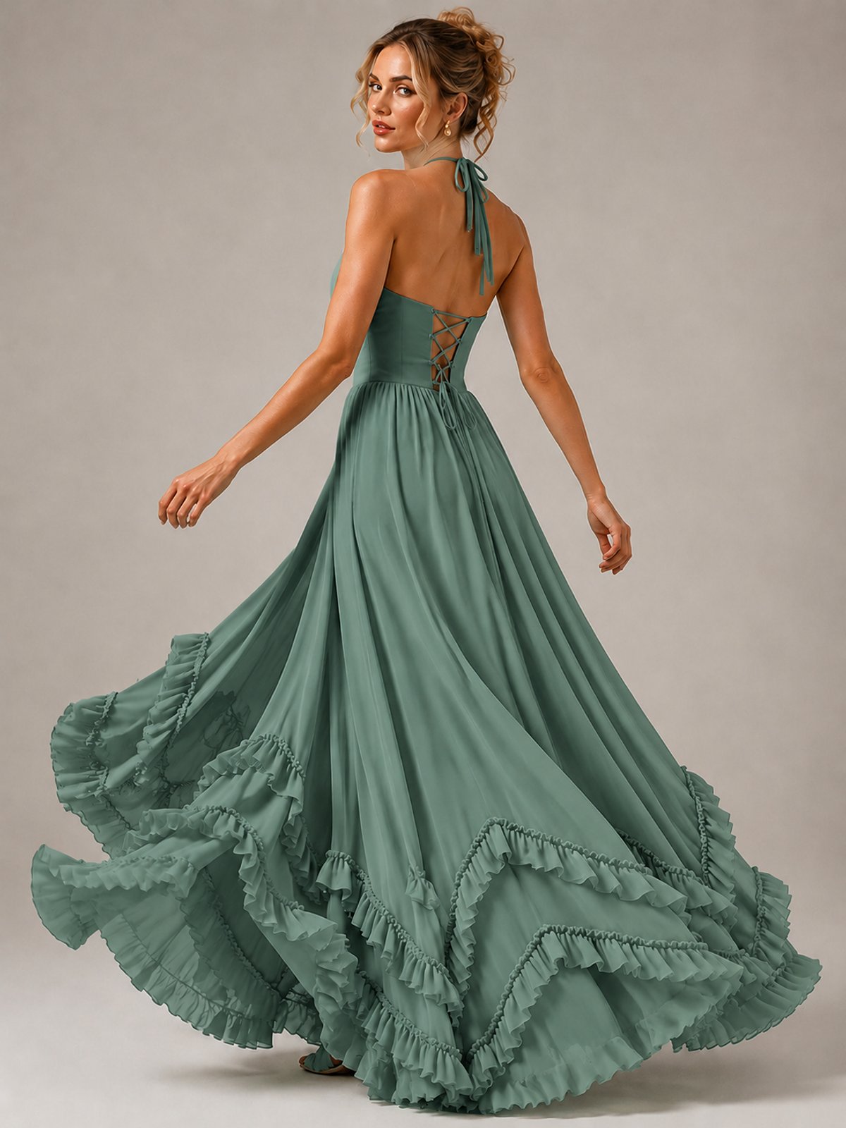 Halter V Neck Chiffon Formal Dress with Lace-Up Back and Ruffle Hem