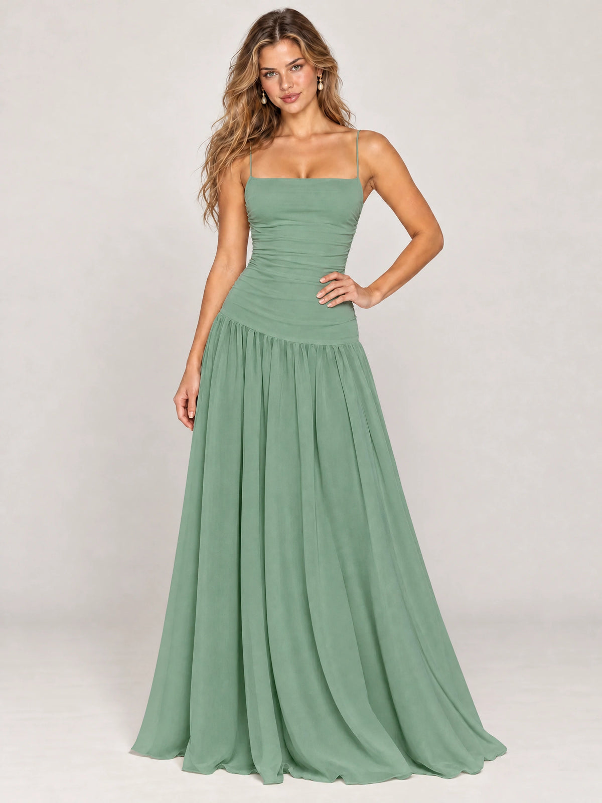 Butter Yellow Ruched Spaghetti Strap Drop-Waist Prom Dress