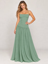 Butter Yellow Ruched Spaghetti Strap Drop-Waist Prom Dress
