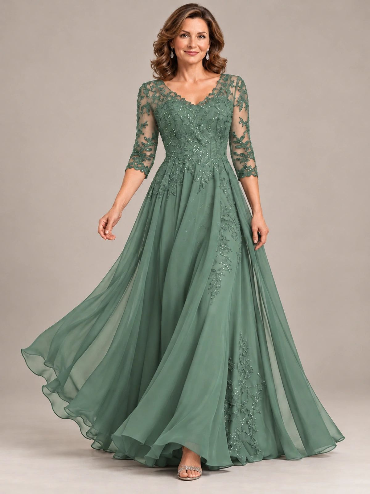Sequin Lace A-Line Mother of the Bride Dress with 3/4 Sleeves
