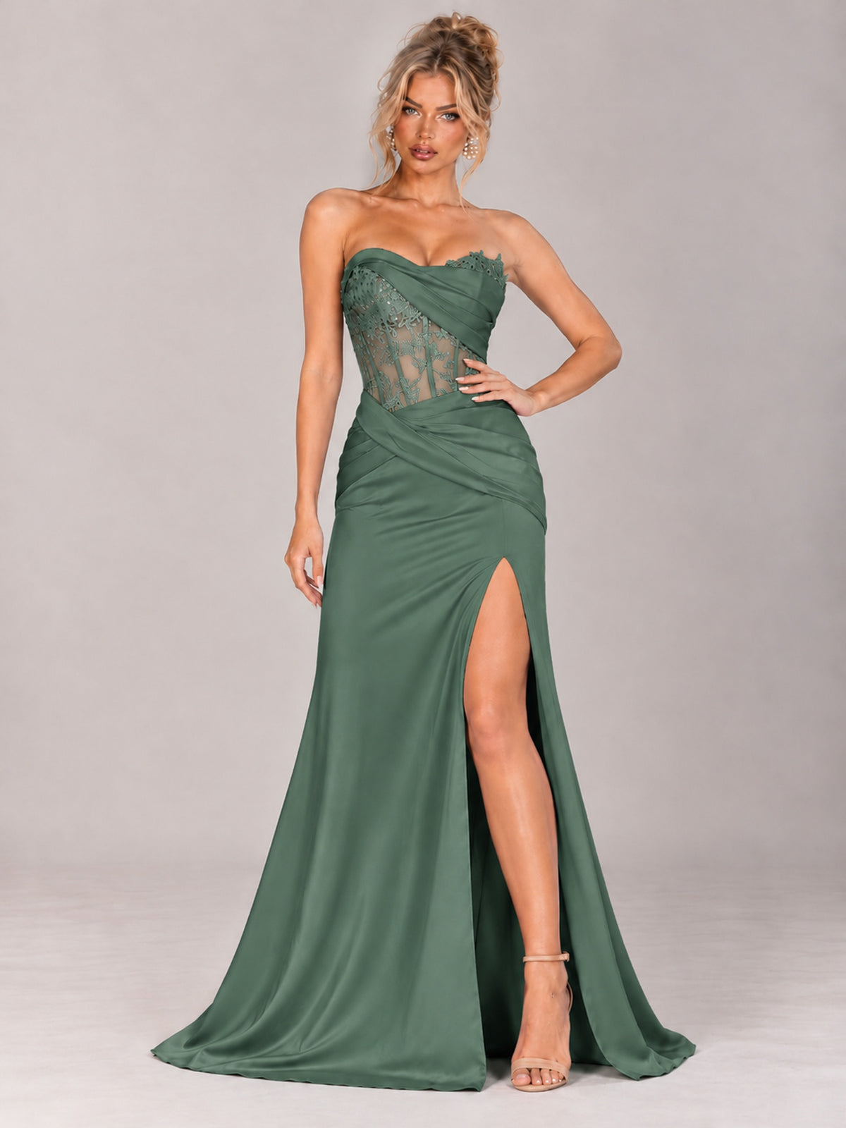 Strapless Satin Prom Dress with Sheer Lace Corset & High Slit