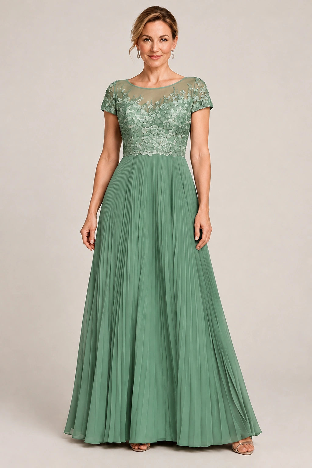 Embroidered Lace Pleated Mother of the Bride Dress