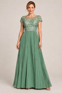 Embroidered Lace Pleated Mother of the Bride Dress