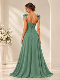 Ruffle Slit Chiffon A Line Scoop Neck Bridesmaid Dresses with Pockets