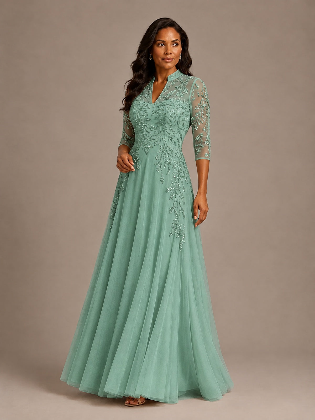 Embellished Appliques Mother of the Bride Dress with 3/4 Sleeves