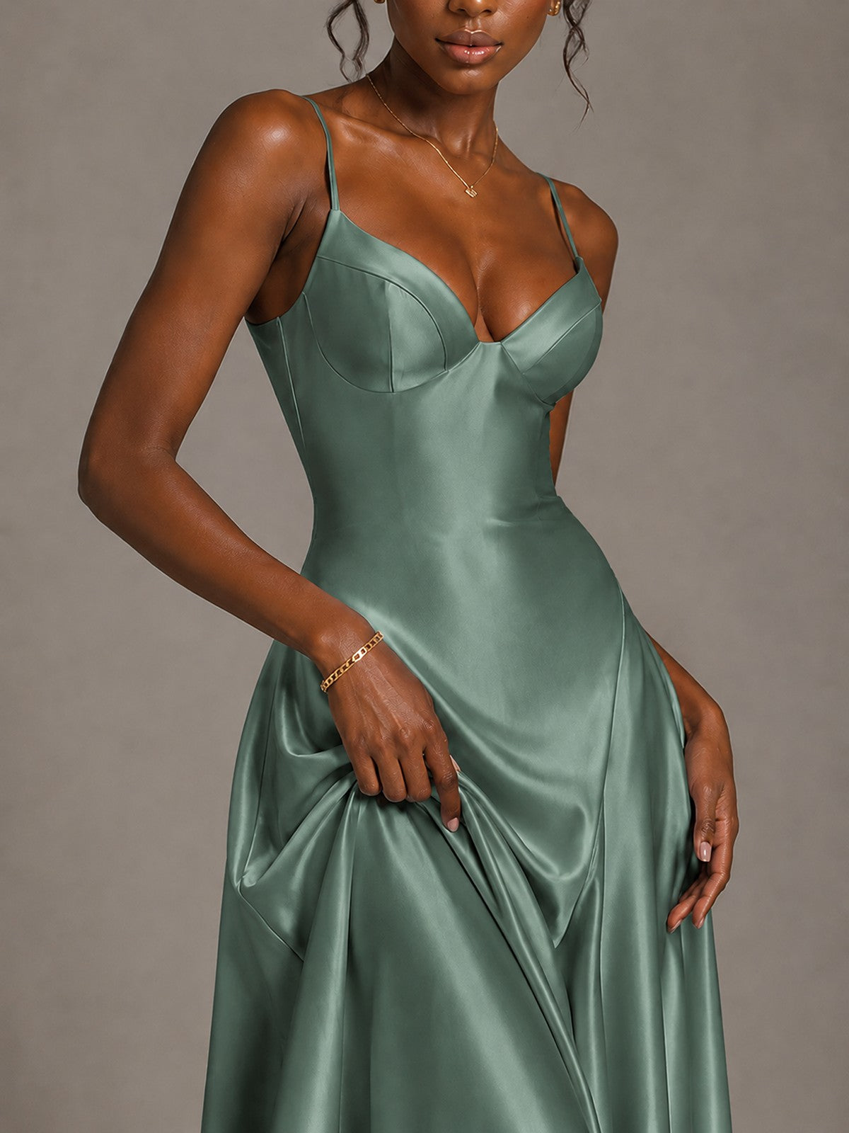 Lavender V Neck Satin Prom Dress with Spaghetti Straps