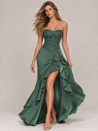Strapless Lace Appliques Corset Satin Prom Dress Ruffle Slit Evening Gown