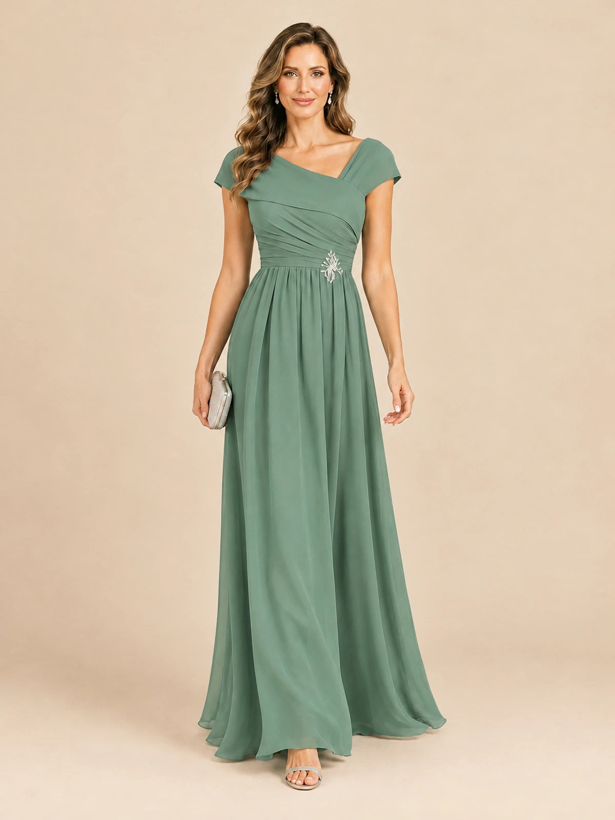 Cap Sleeve Mother of The Bride Dresses Long Chiffon Formal Gowns