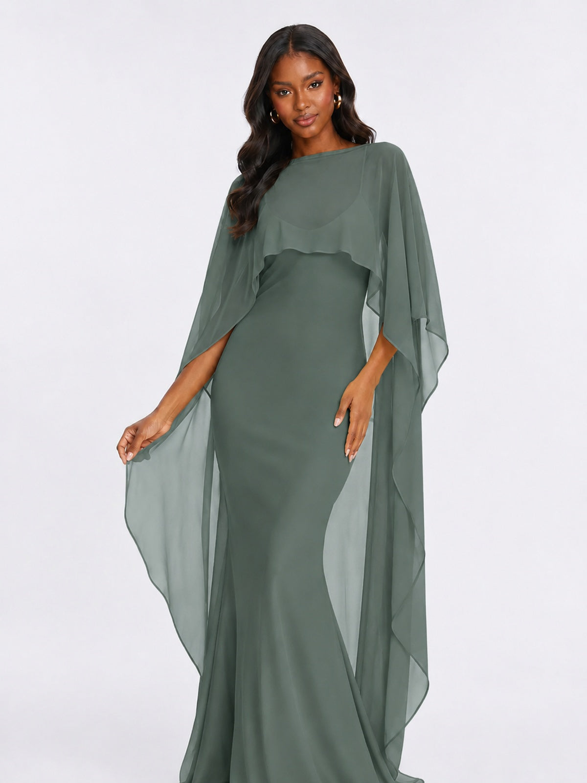 Satin Cape Prom Dresses Meramid Maxi Dress
