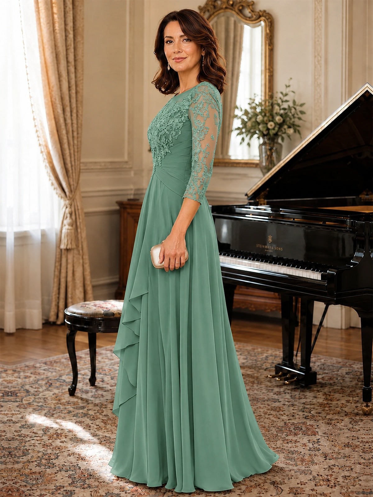 A-Line Chiffon Mother of the Bride Dress with Floral Applique 3/4 Sleeves