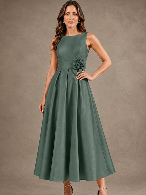 Tea-Length Satin Mother of the Bride Dress with 3D Flower Detail