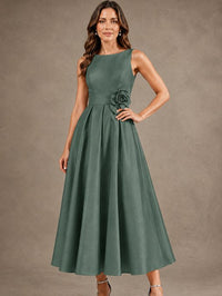 Tea-Length Satin Mother of the Bride Dress with 3D Flower Detail