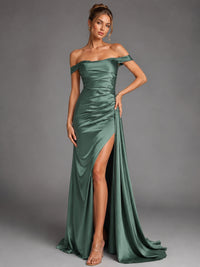 Off Shoulder Satin Maxi Dress with Slit