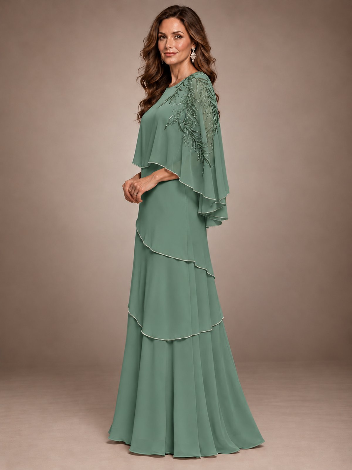 Elegant Chiffon Cape Sleeve Beaded Mother of the Bride Dress