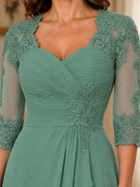 Chiffon Lace Applique Mother of the Bride Dress with 3/4 Sleeves