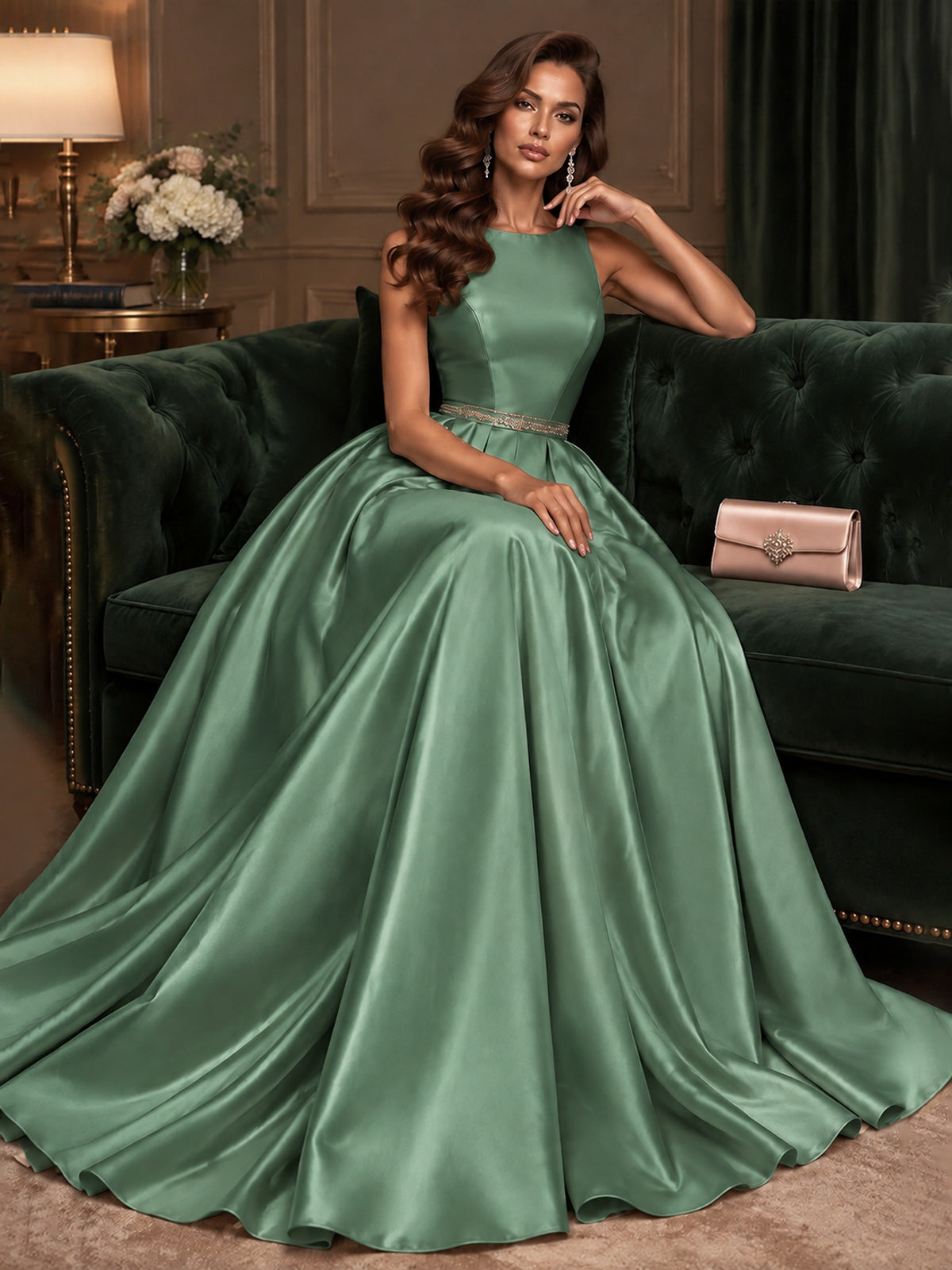 Satin A-Line Prom Dress Sleeveless Beaded Waist Formal Gown with Pockets