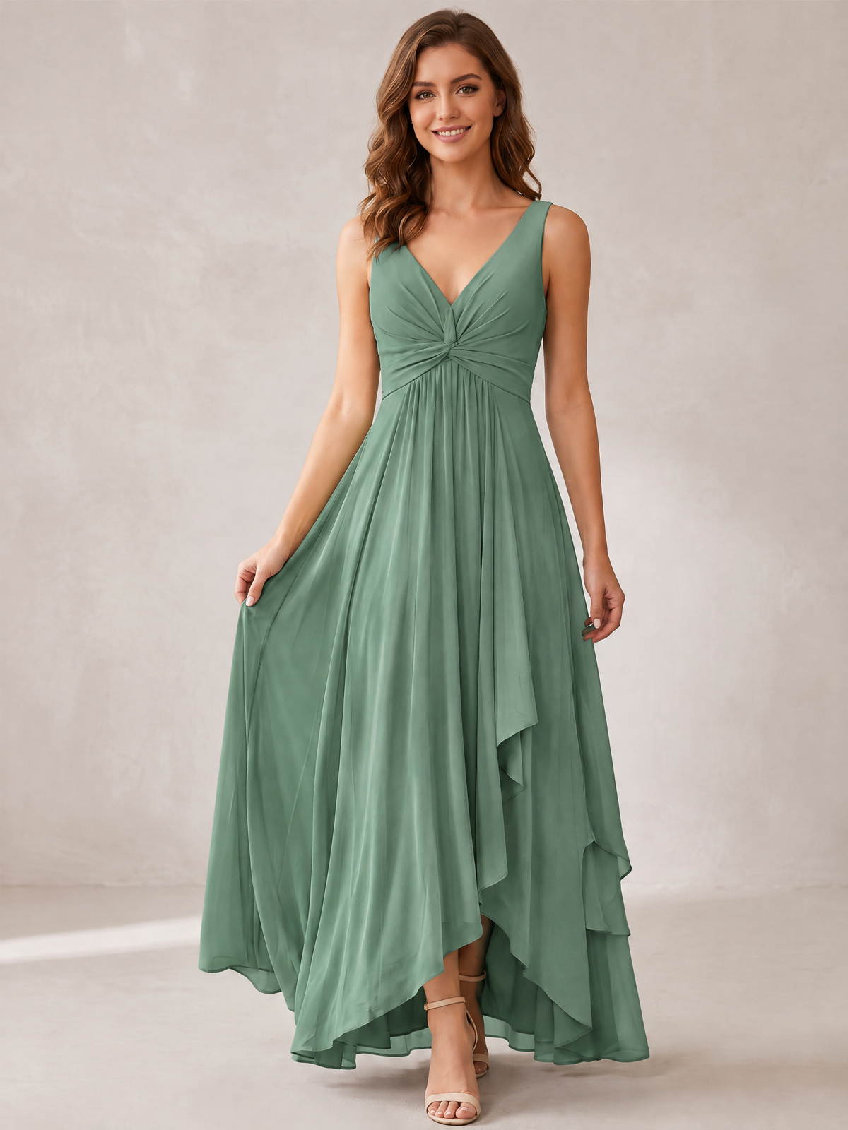 V-Neck High-Low Chiffon Bridesmaid Dress with Ruffles