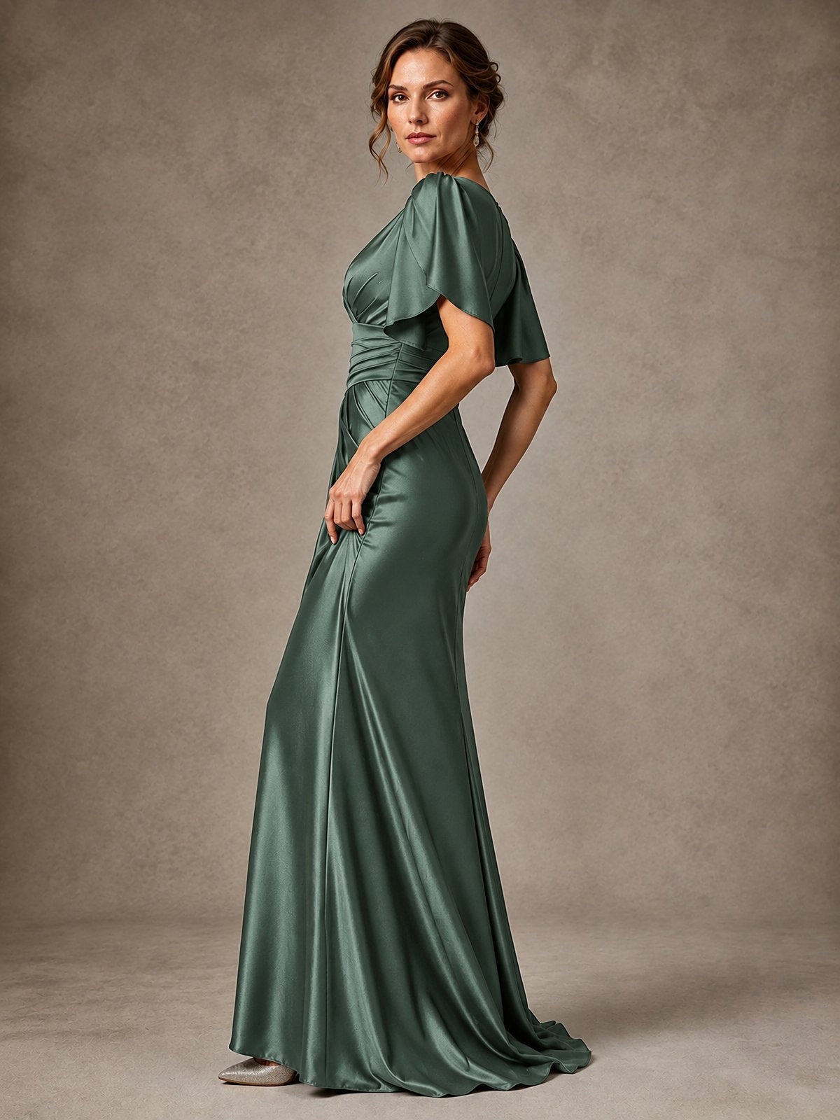 V-Neck Satin Mother of the Bride Dress with Flutter Sleeves