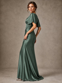 V-Neck Satin Mother of the Bride Dress with Flutter Sleeves