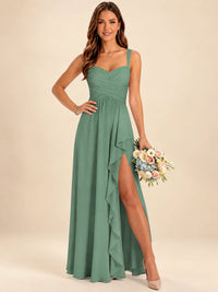 Spaghetti Straps Pleated Chiffon Bridesmaid Dress with Ruffle Slit
