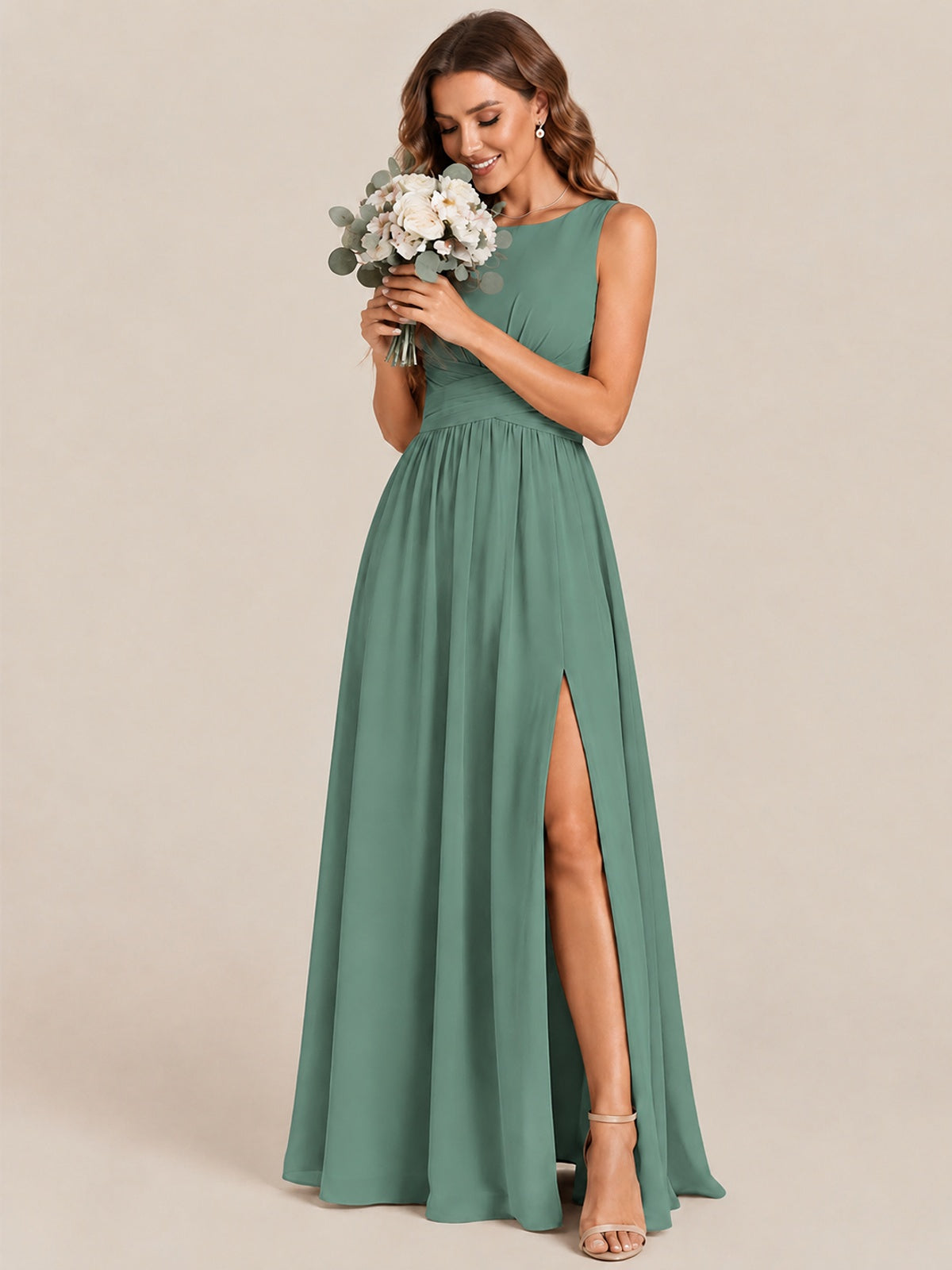 A-line Sleeveless Rucehd Chiffon Bridesmaid Dress with High Slit