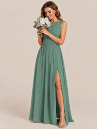 A-line Sleeveless Rucehd Chiffon Bridesmaid Dress with High Slit