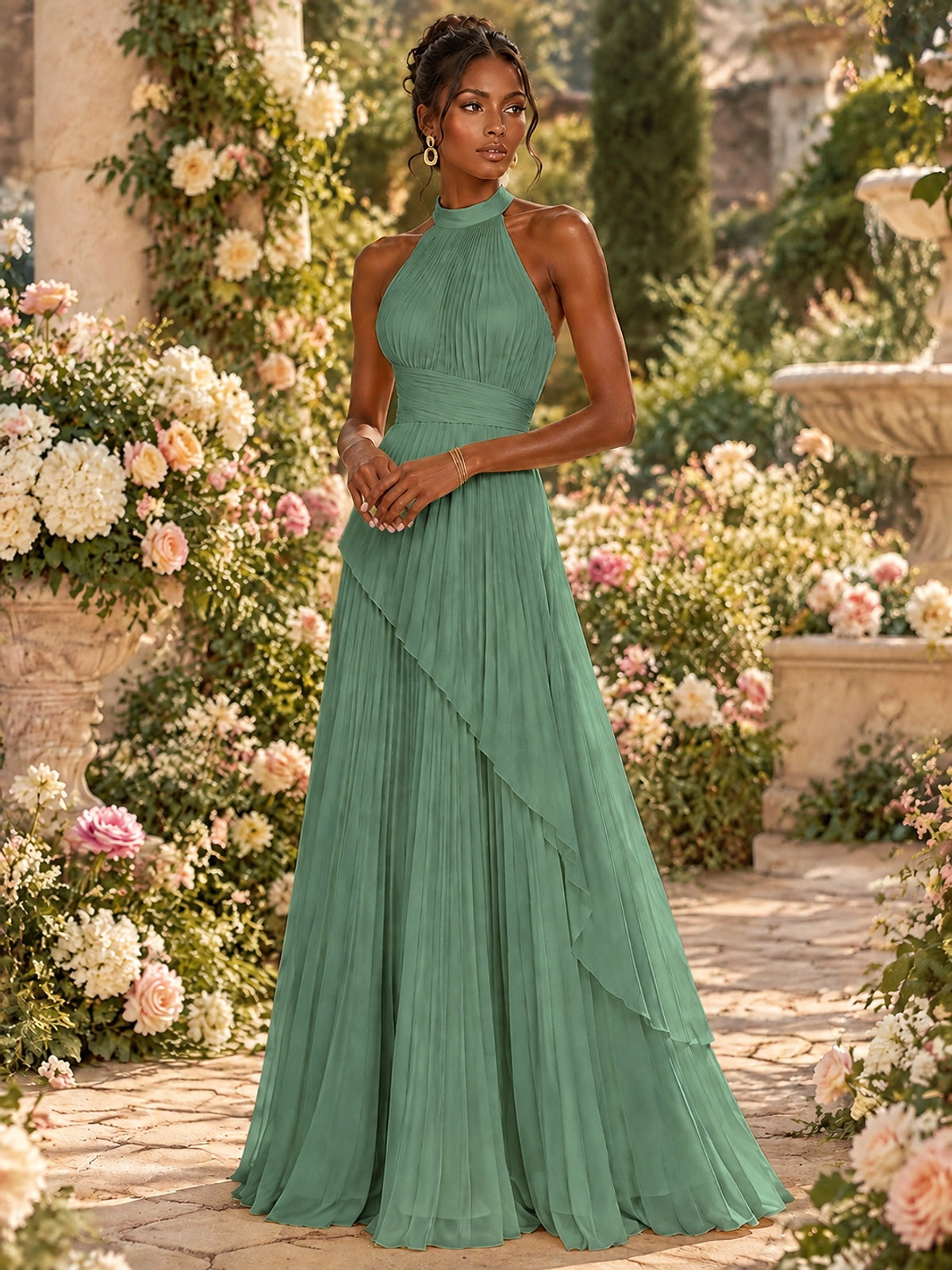 Wrap Pleated Prom Dress Halter A-line Chiffon Formal Wedding Dress
