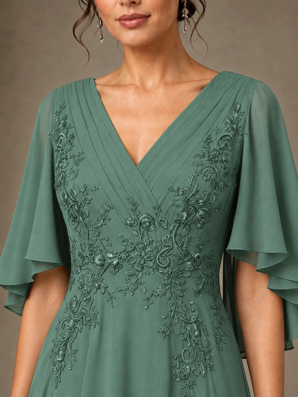 V-Neck Chiffon Lace Mother of the Bride Dress with Flutter Sleeves