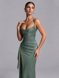 Square Neck Satin Long Prom Dress with Ruffles