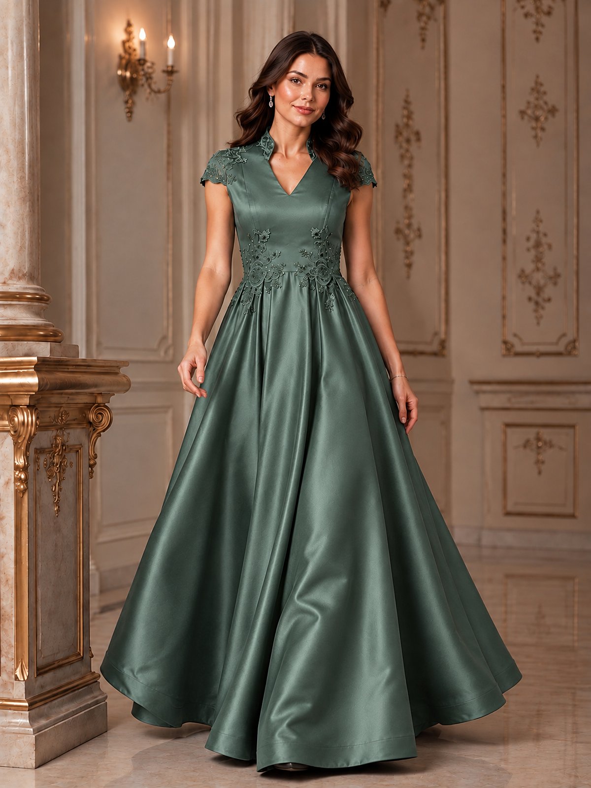 Lace Appliqué A-Line Satin Maxi Dress