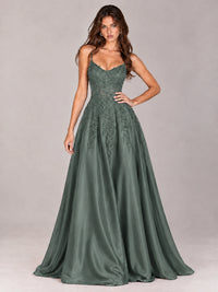 Lace Applique Satin A-Line Prom Dress with Sheer Bodice