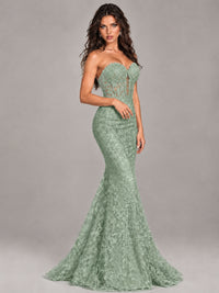 Strapless Corset Mermaid Prom Dress Lace Appliqué Formal Gown