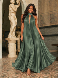 Rust Orange Pleated Halter Neck Maxi Dress