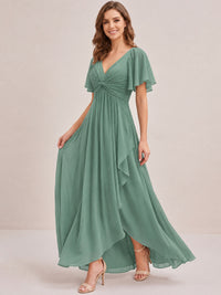 Dusty Blue Chiffon Bridesmaid Dress with Flutter Sleeves & High-Low Hem