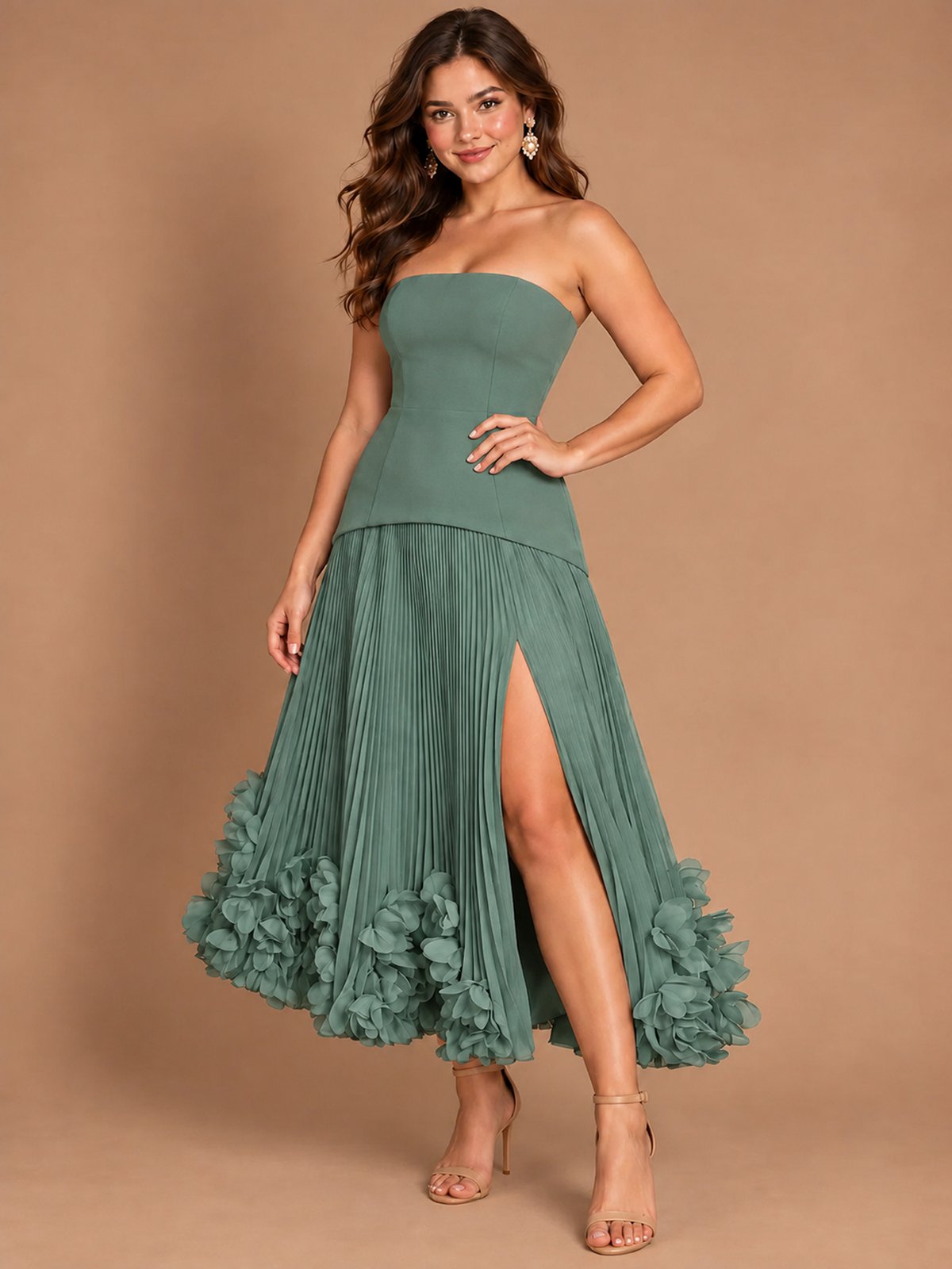 Navy Blue Strapless Pleated A-Line Midi Dress with 3D Floral Applique