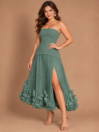 Navy Blue Strapless Pleated A-Line Midi Dress with 3D Floral Applique
