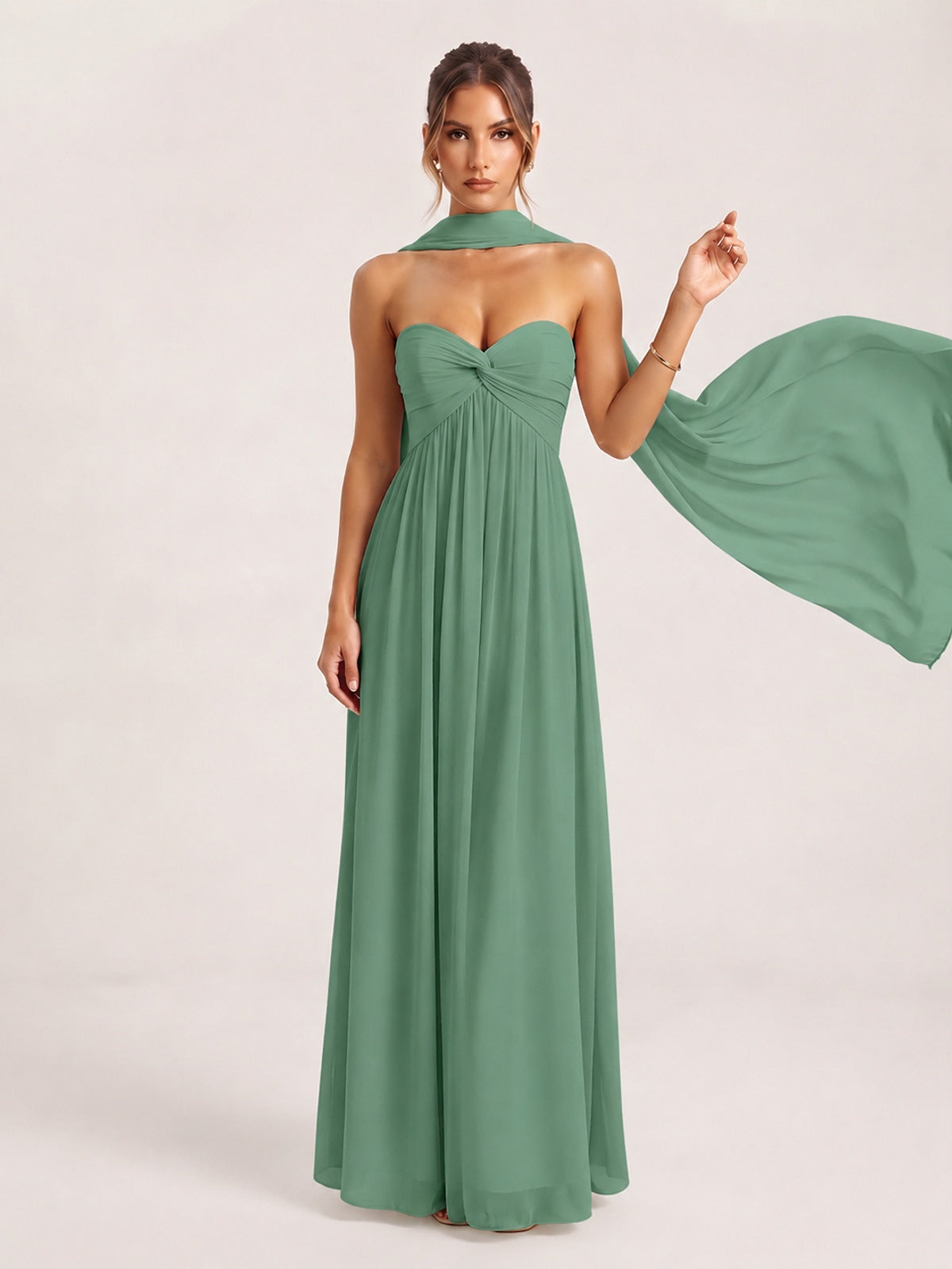 Strapless Ruched Chiffon Long Prom Dress with Scarf