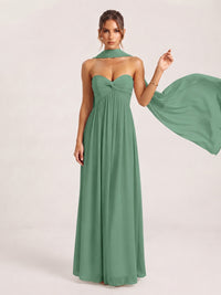 Strapless Ruched Chiffon Long Prom Dress with Scarf