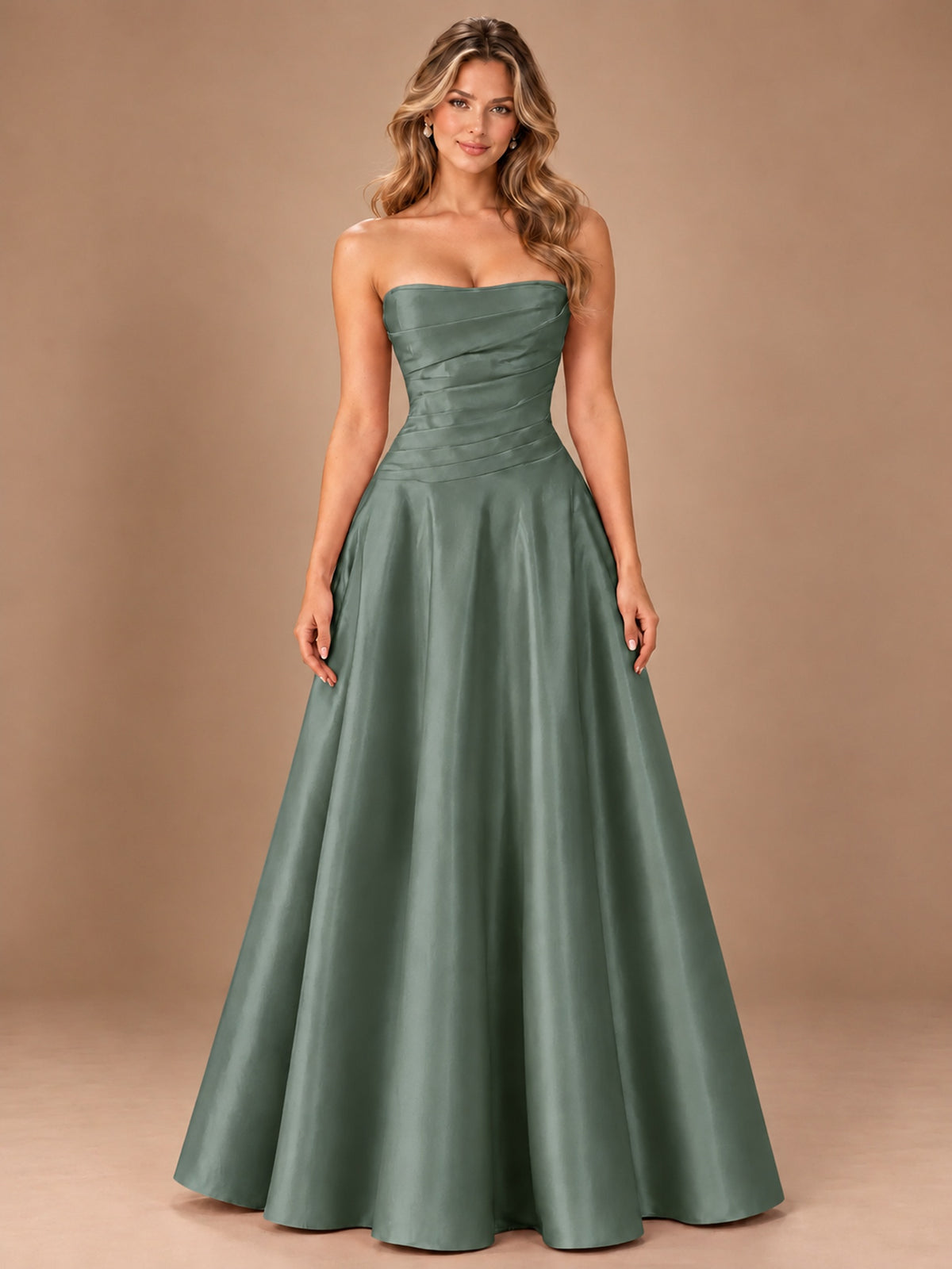Blush Pink Strapless Satin A-Line Prom Dress with Ruched Bodice