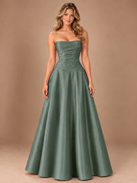 Blush Pink Strapless Satin A-Line Prom Dress with Ruched Bodice