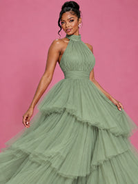 Hot Pink Tulle Halter Neck Tiered Ruffle Maxi Dress