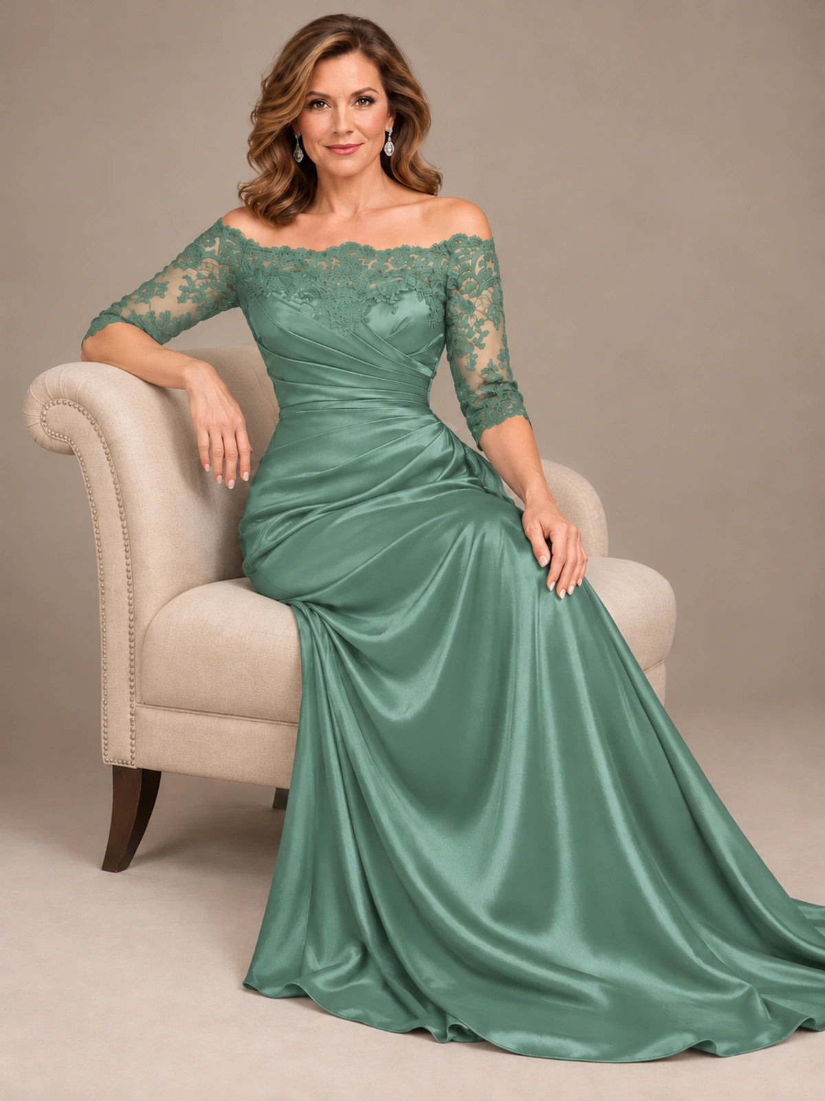 Satin Mother of the Bride Dress with Lace Sleeves Off Shoulder Formal Gown