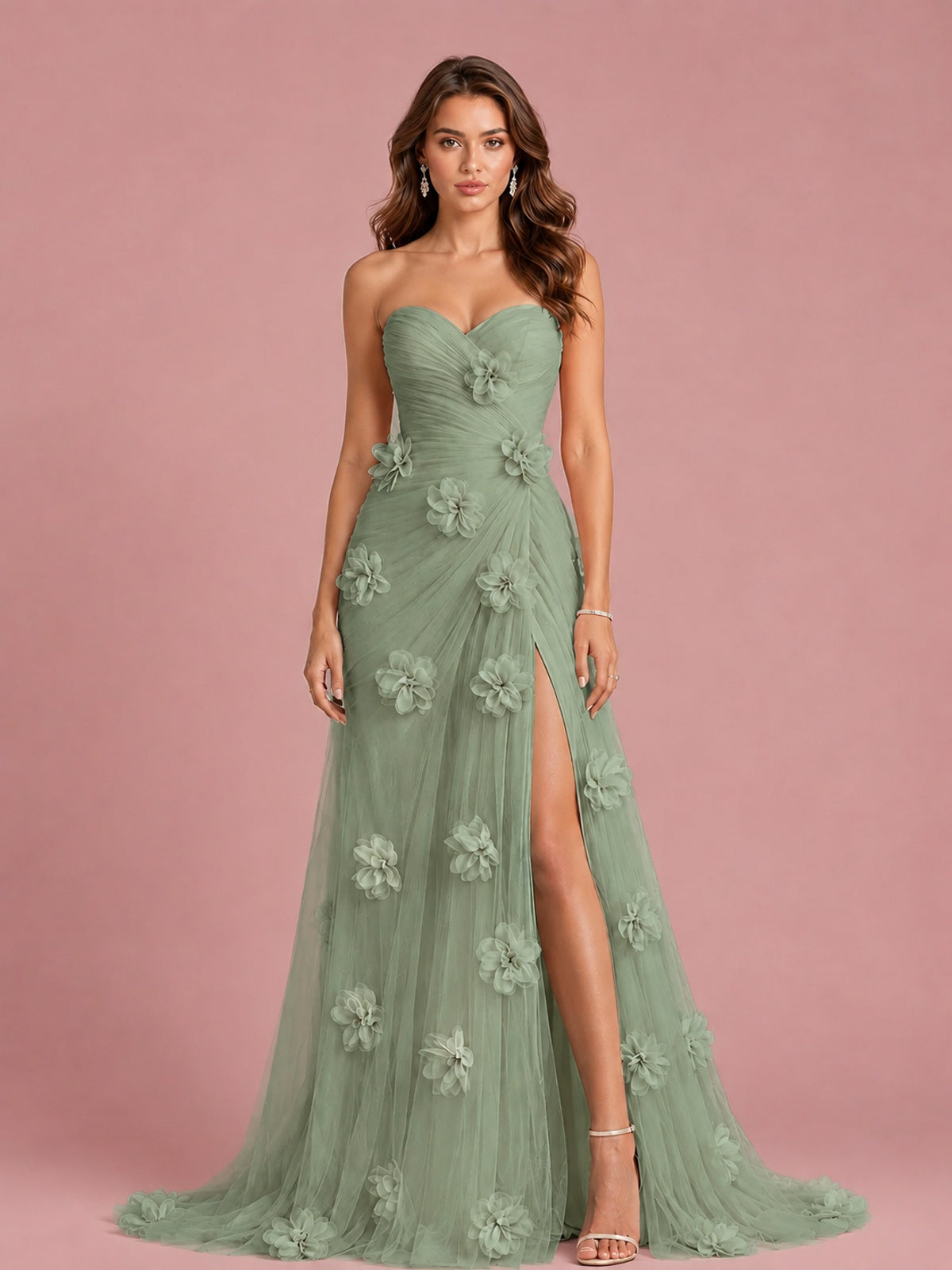 3D Floral Applique Strapless Tulle Prom Dress with High Slit