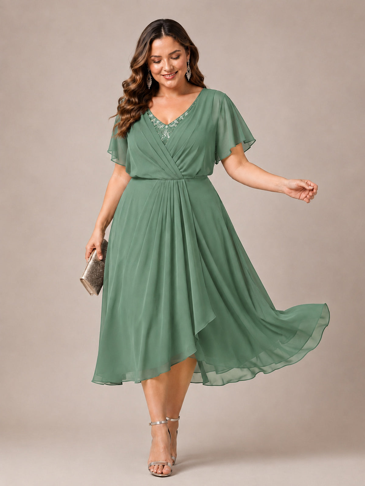Navy Blue A-Line V-Neck Tea-Length Mother of the Bride Dress