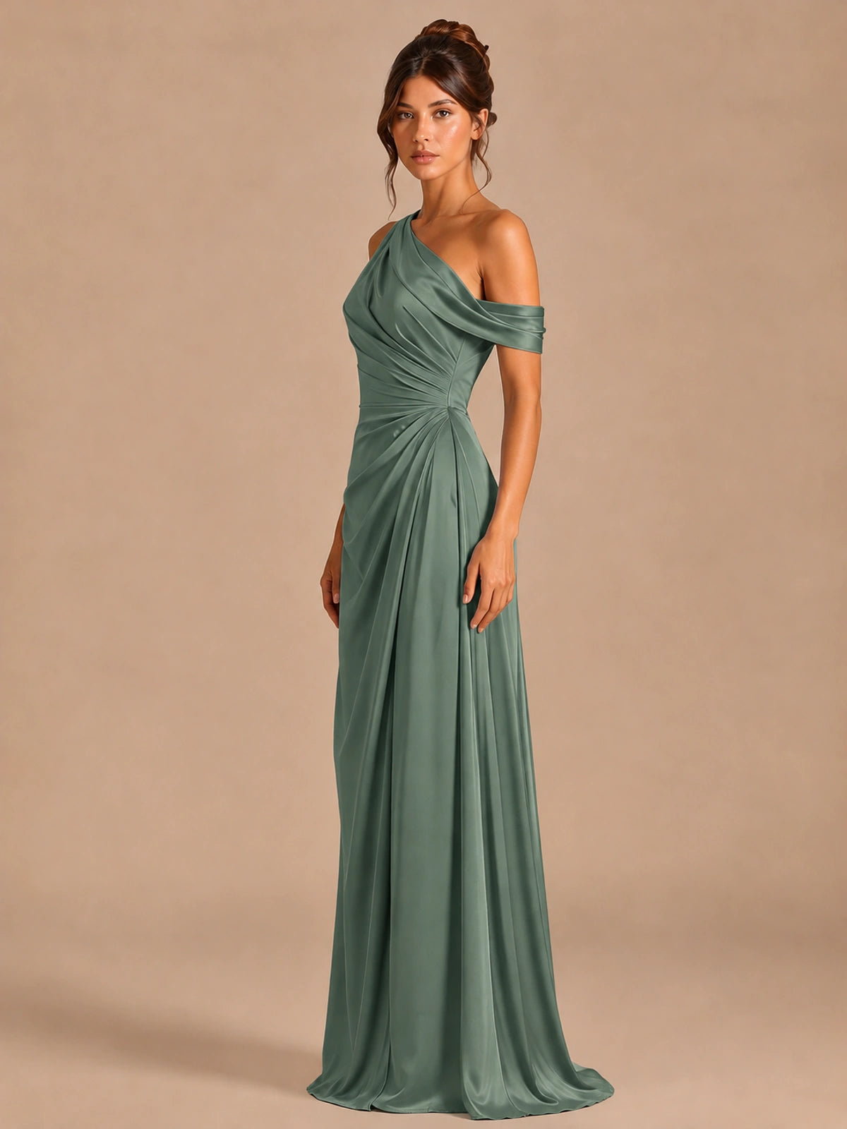 Satin One Shoulder Prom Dress Ruched Long Formal Evening Gown