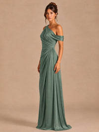 Satin One Shoulder Prom Dress Ruched Long Formal Evening Gown