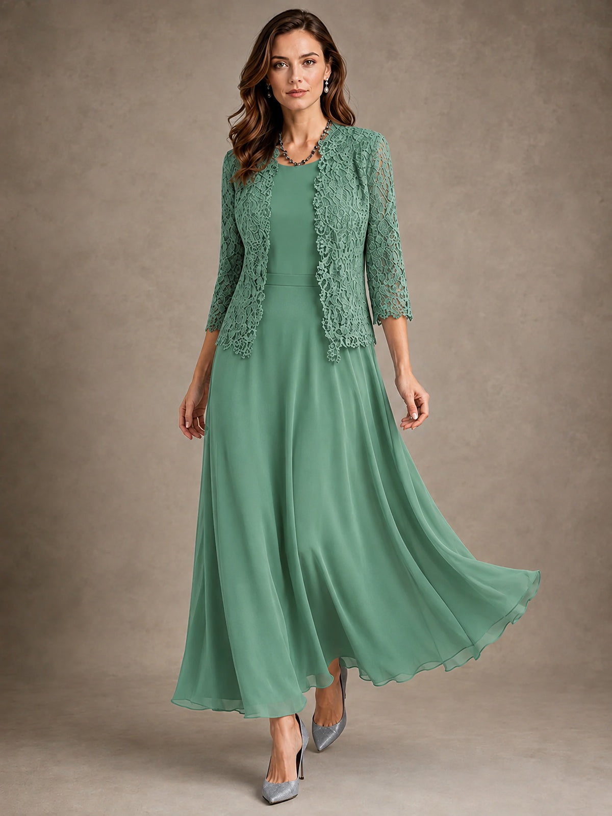 2-Piece Chiffon Mother of the Bride Dress with Lace Jacket