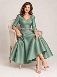 V-Neck Tea-Length Mother of the Bride Dress with Embellished Waist