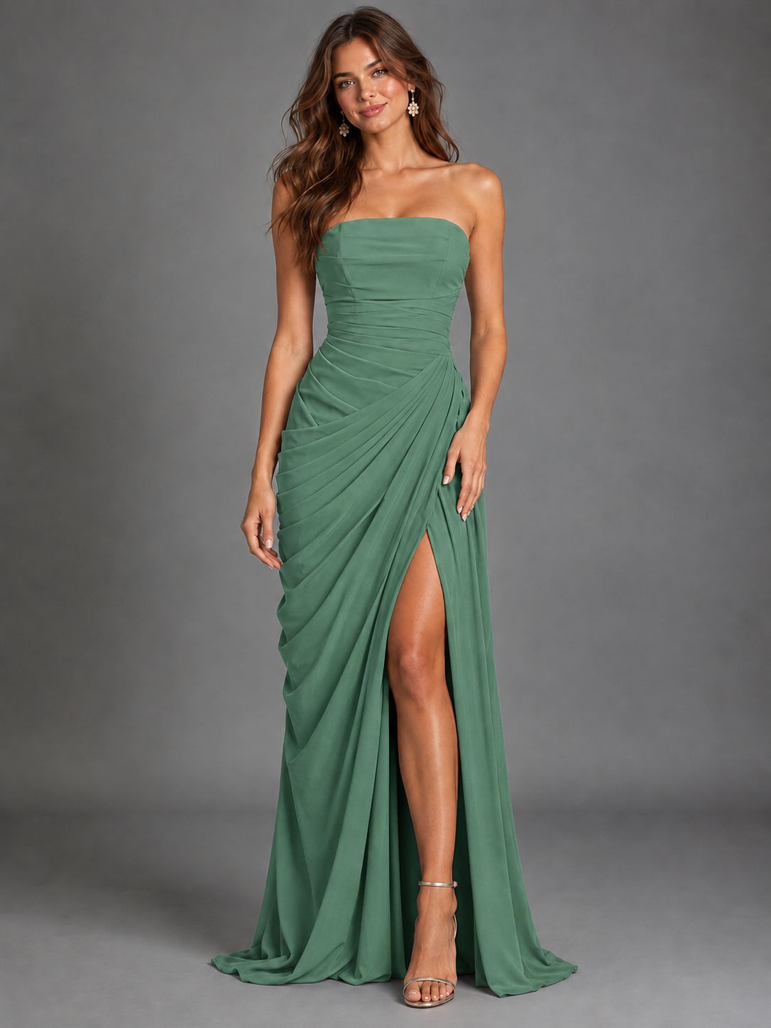 Strapless Bodycon Pleated Chiffon Formal Dress with Slit
