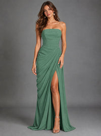 Strapless Bodycon Pleated Chiffon Formal Dress with Slit